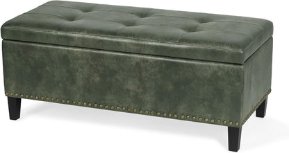 Joveco 41 Inches Storage Ottoman Bench,Leather Tufted Footstool Ottoman Bench with Nailhead Trim for Bedroom (Deep Green)
