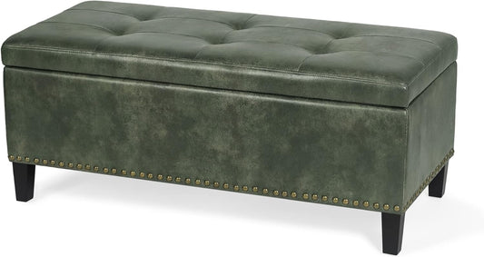 Joveco 41 Inches Storage Ottoman Bench,Leather Tufted Footstool Ottoman Bench with Nailhead Trim for Bedroom (Deep Green)
