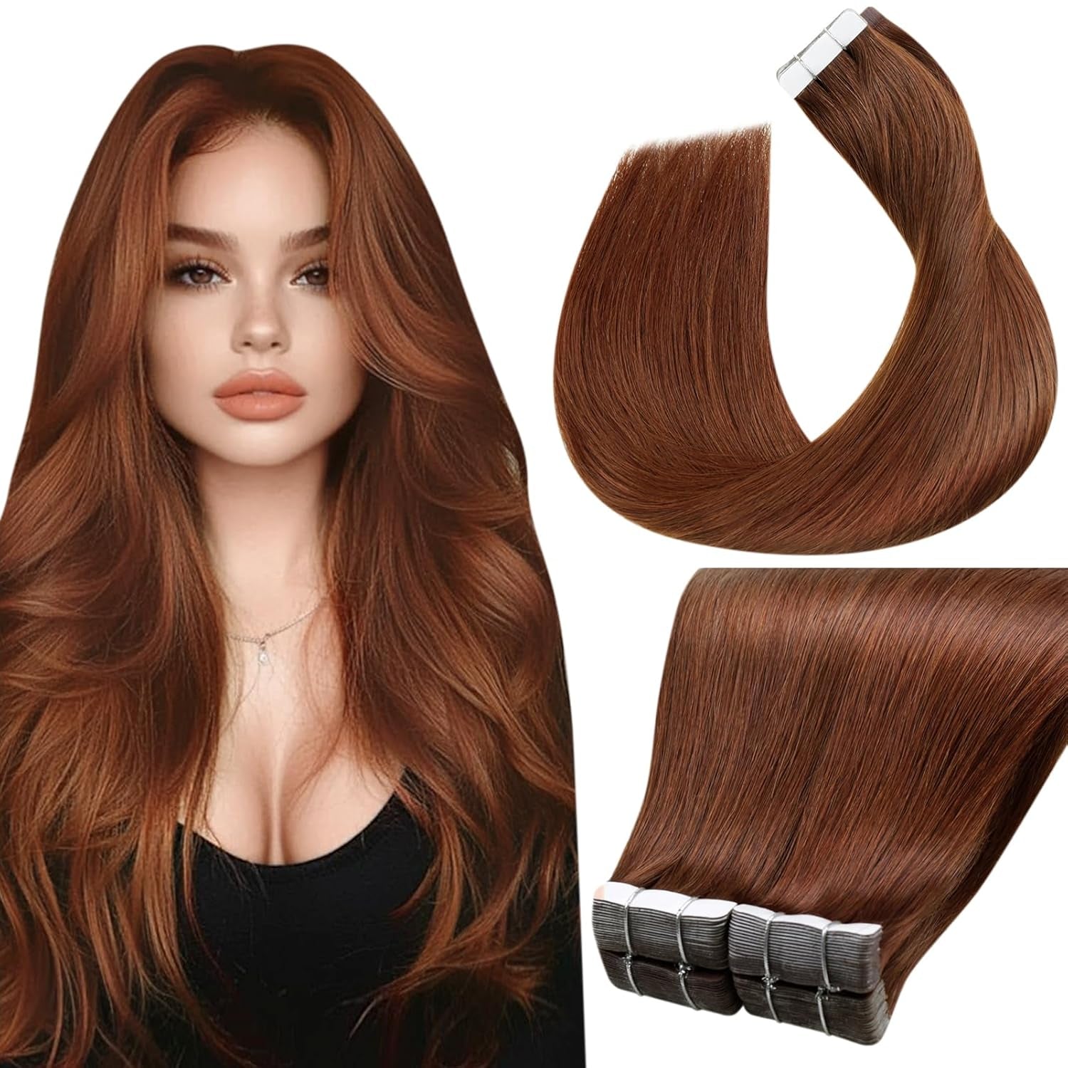 Laavoo Tape in Extensions Human Hair Invisible Tape in Hair Extensions Human Hair Auburn 100G 40Pcs 24Inch Hair Extensions Tape in Red Auburn Seamless Tape Hair Extensions Auburn Brown