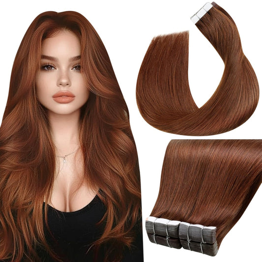 Laavoo Tape in Extensions Human Hair Invisible Tape in Hair Extensions Human Hair Auburn 100G 40Pcs 24Inch Hair Extensions Tape in Red Auburn Seamless Tape Hair Extensions Auburn Brown
