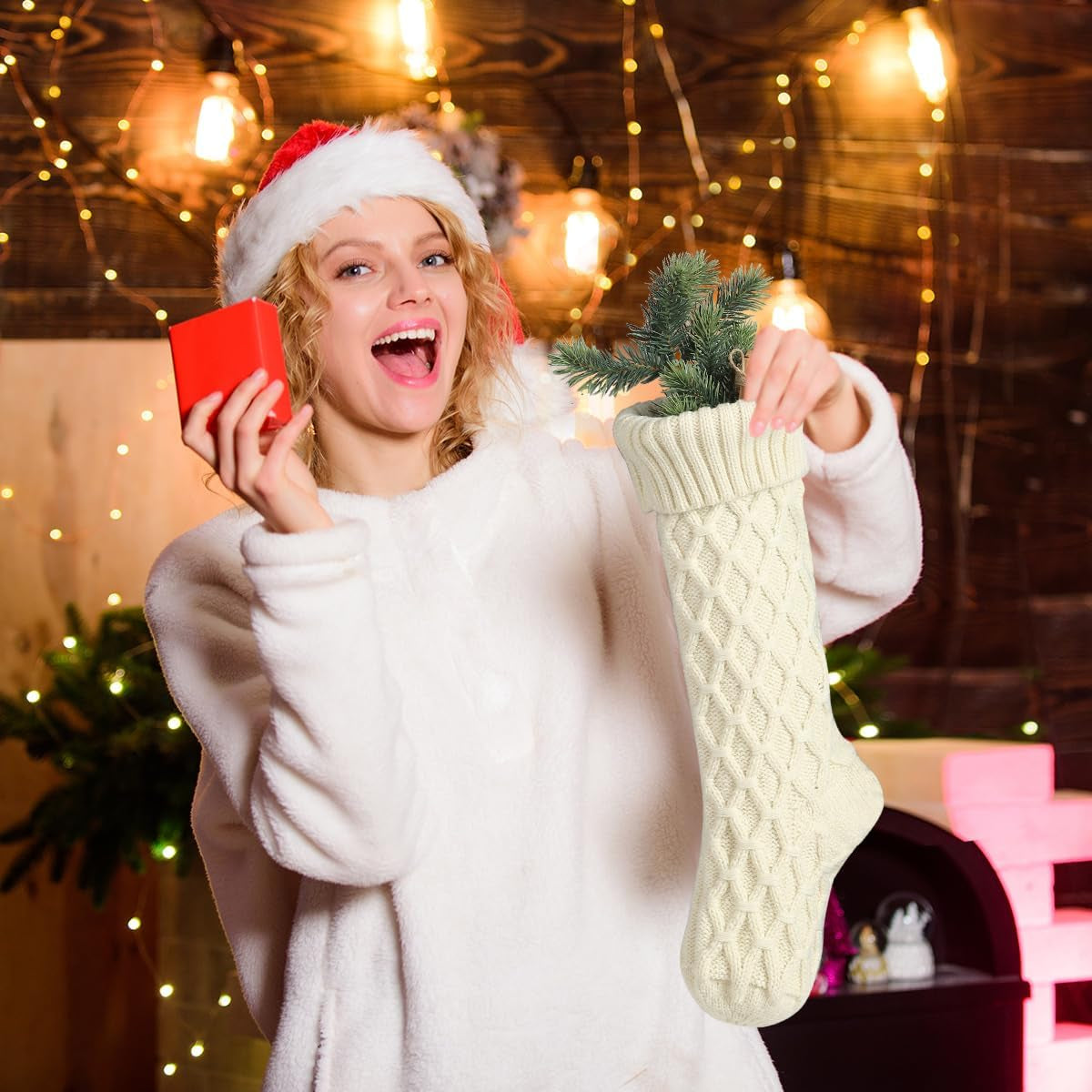 Free Yoka Christmas Stockings Cable Knit Argyle Xmas Stockings 18 Inches Large Size Personalized Ivory White and Gray for Family Holiday Season Decor 4 Pack