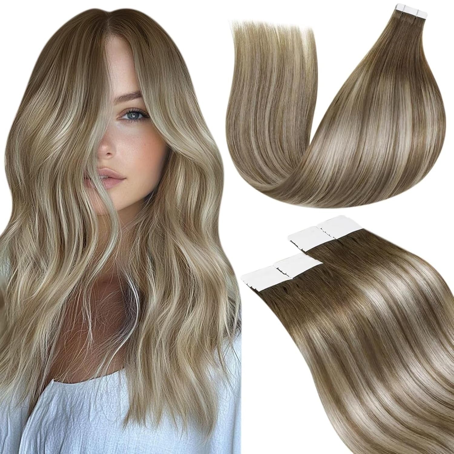 Laavoo Tape in Hair Extensions Human Hair Balayage Hair Extensions Tape in Light Brown Fading to Platinum Blonde with Brown 18Inch 20Pcs 50G