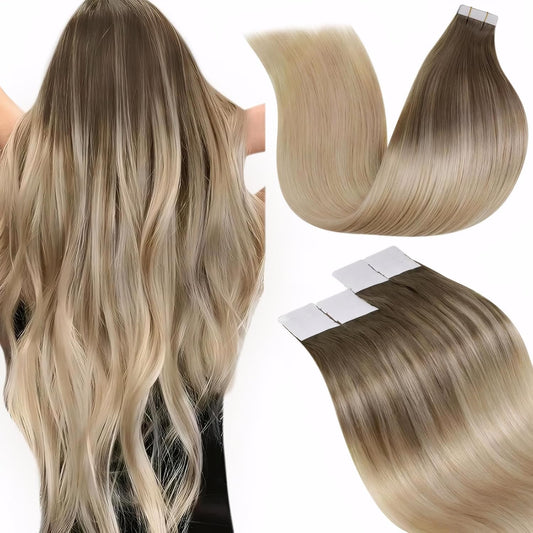 Laavoo Tape in Hair Extensions Ombre Tape in Extensions Human Hair Balayage Light Brown to Ash Blonde Mix Platinum Blonde 18 Inch 20Pcs 50G